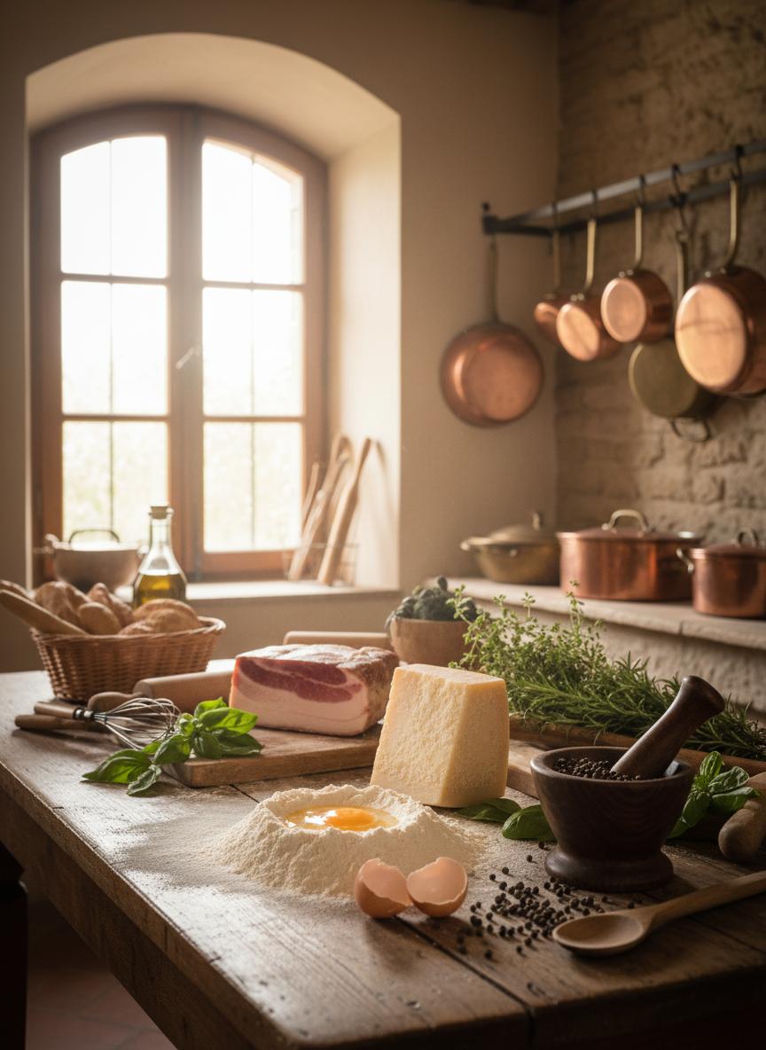 Rustic kitchen with flour, egg yolk, pecorino, guanciale, black pepper, herbs, and copper cookware — the essentials of authentic carbonara