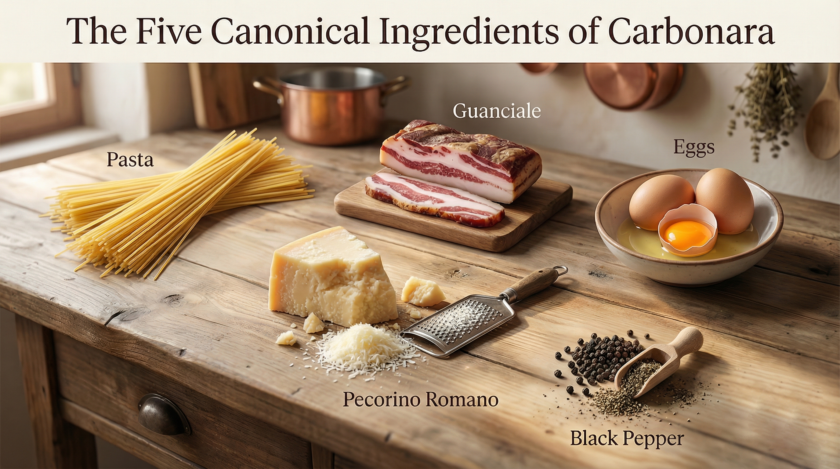Key ingredients for authentic carbonara: Guanciale, Pecorino Romano, Eggs, Black Pepper, and Pasta.